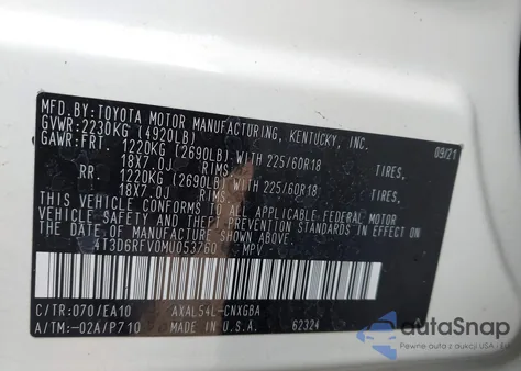 2021 Toyota Rav4 Hybrid Limited z USA, uszkodzony, nr VIN 4T3D6RFV0MU053760